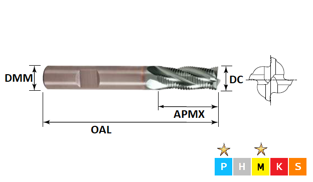 12.0mm 4 Flute Short Fine Pitch Roughing Sabre PM End Mill